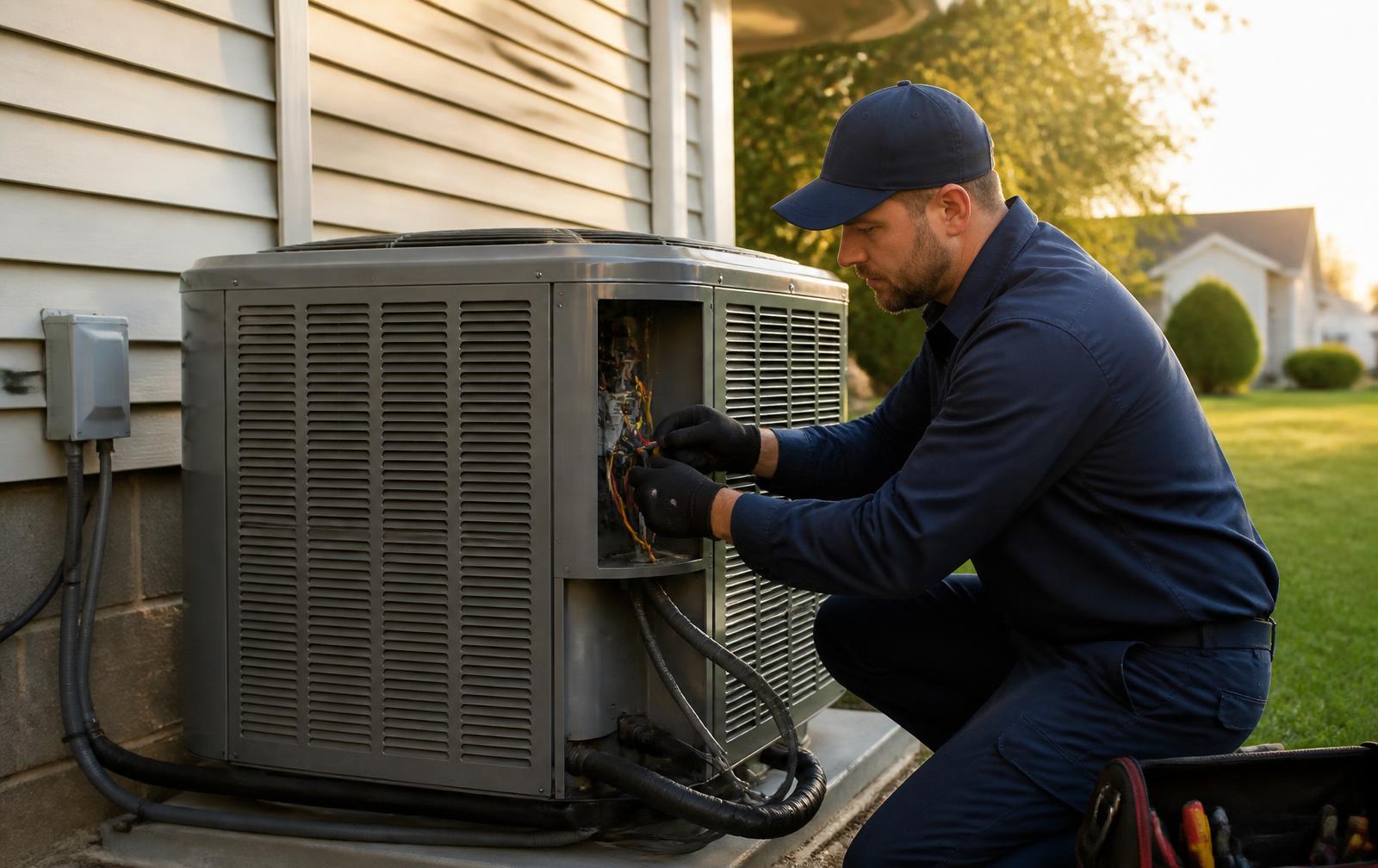 HVAC technician servicing a residential condenser unit